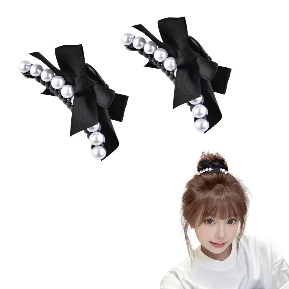 

2PCS Versatile Black Bow Hairclip Small Hair Accessory Bow Claw Clips Imitation Pearl Barrette Ladies Accessories