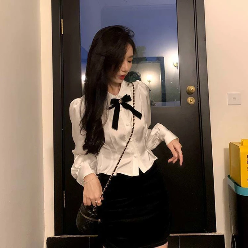 White Shirts Women Kawaii Preppy Lace Lolita Sweet Elegant Tunics Blouses Korean Fashion Long Sleeve Casual Slim Temper Tops