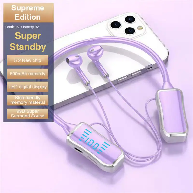 バッテリー寿命の長いワイヤレスヘッドフォン,マイク付きスポーツヘッドセット,ノイズリダクション,5.2