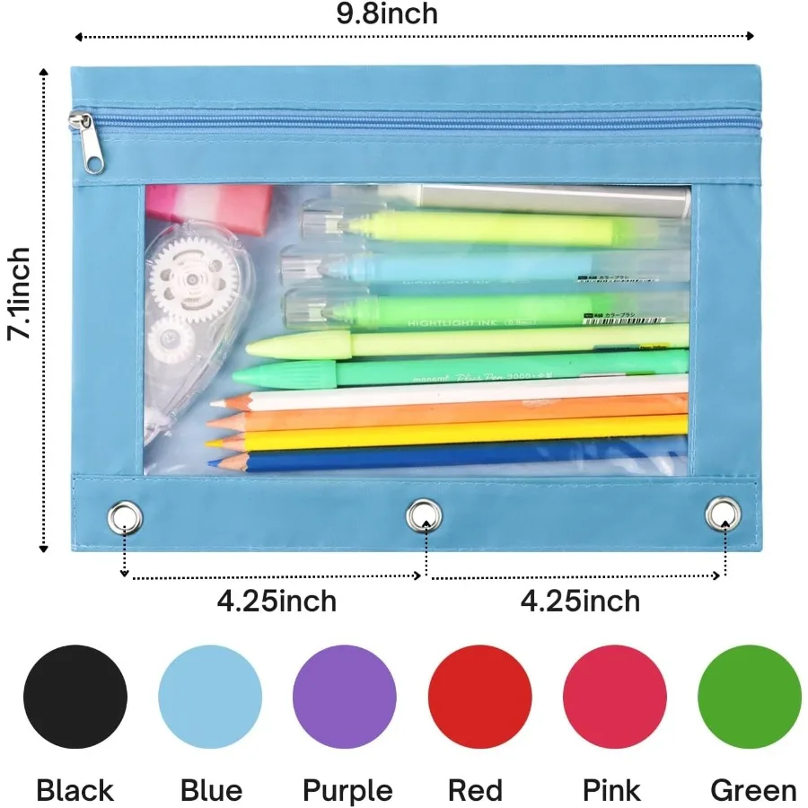 Peil Pouch for 3 Ring Binder Zipper Peil Case Bag Three Hole with Clear Window Black 1 Pack