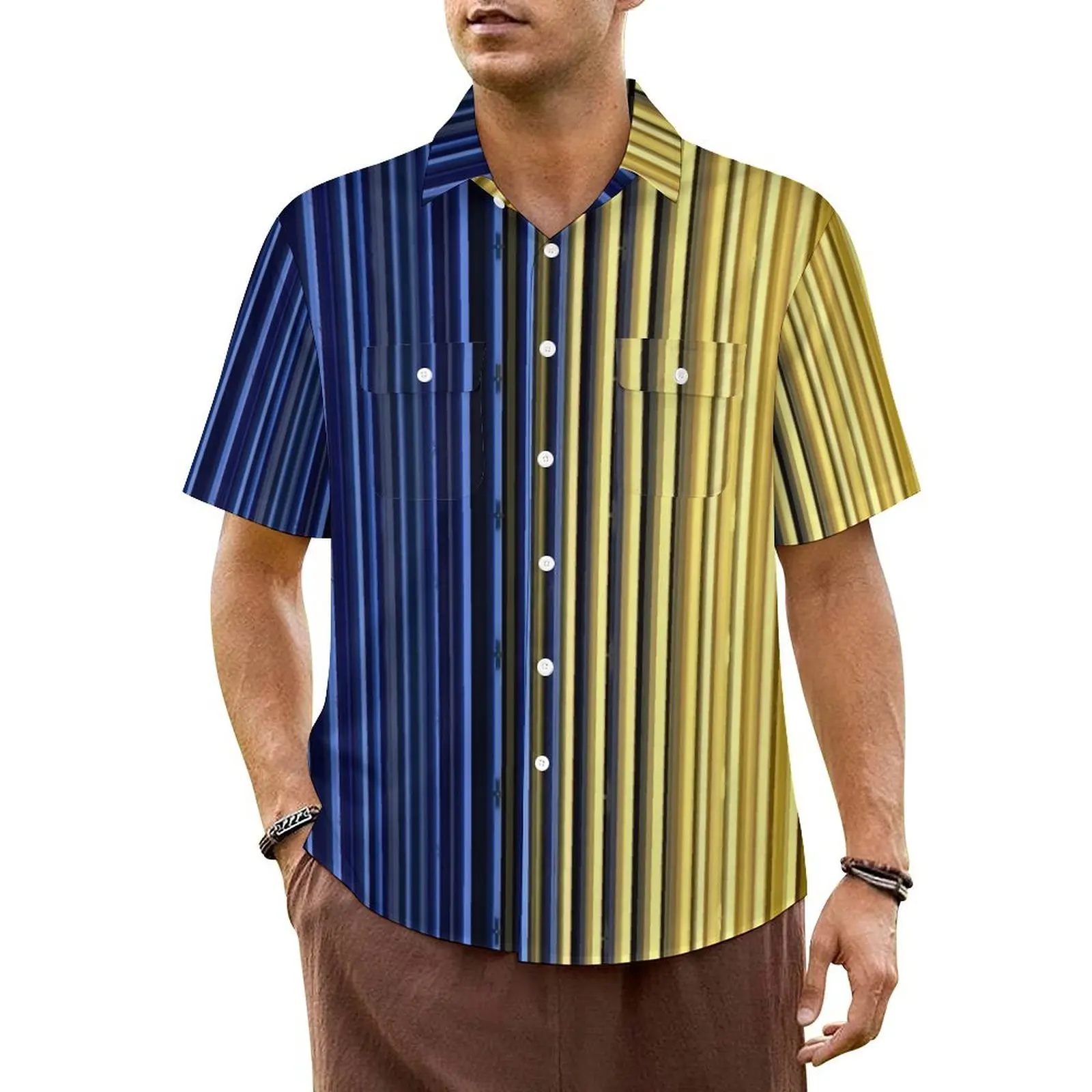 Yellow Blue Striped Hawaiian Shirt For Male Beach Two Tone Casual Shirts Short Sleeve Fashion Design Novelty Oversize Blouses