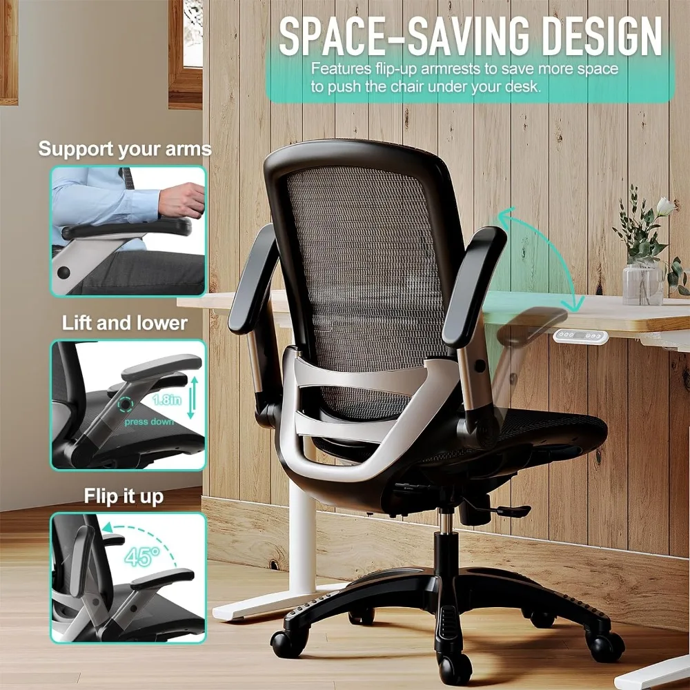 Chaise de Bureau Ergonomique avec Support Lombaire et Bras Rabattables Réglables, Siège Large et Doux, Chaises Ergonomiques à Dossier Haut, Facile à Assembler