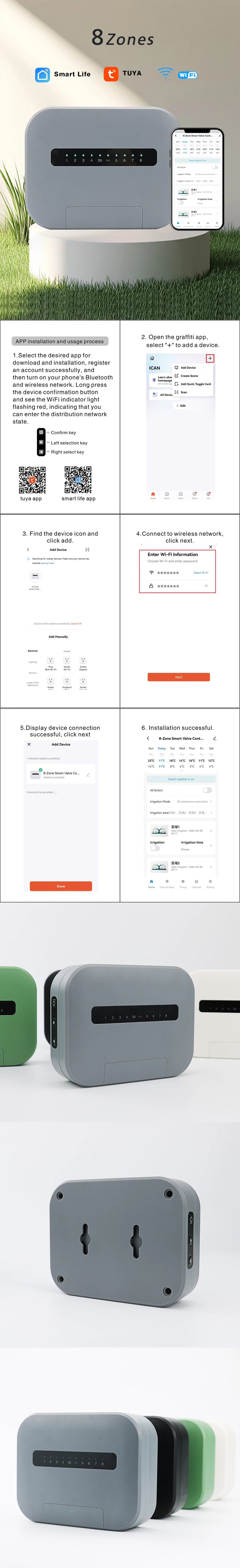 6- oder 8-Stationen-WLAN-Smart-Sprinklersteuerung AC24V-Magnetventil Bewässerungssystem Fernbedienung per Telefon Kompatibel mit Tuya – Detail 2