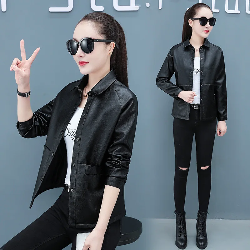 Women\'s Leather Jacket 2022 Spring Autumn New High Quality PU Leather Short Outerwear Fashion Casual Motorcycle Coat Female 5XL