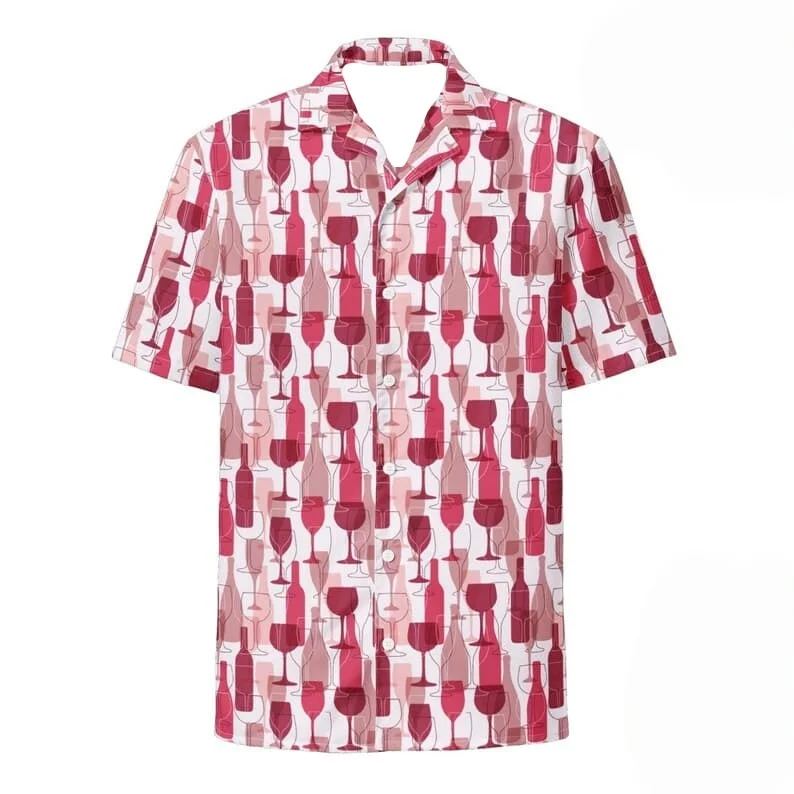 Vintage Red Wine Glass Printed Shirt Men's and Women's Bar Button Shirt Summer Fashion Casual Party Loose Shirt Y2k