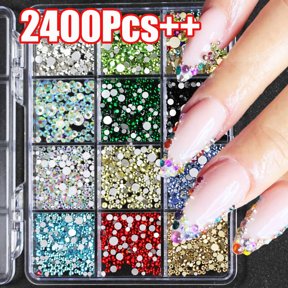 

2400Pcs++ Mixed Color 3D Round Nail Art Rhinestone Valentine's Day SS3-SS16 Sparkling Round Nail Diamond DIY Manicure Crystal