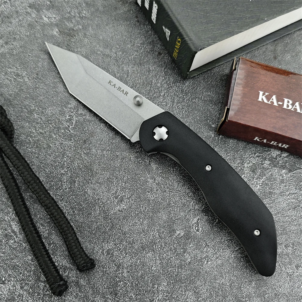 KA-BAR JAROSZ FOLDER 7506 - 440C Tanto Point Blade Black GFN Handle with Thumb Stud for Easy Opening, Tactical Survivall EDC