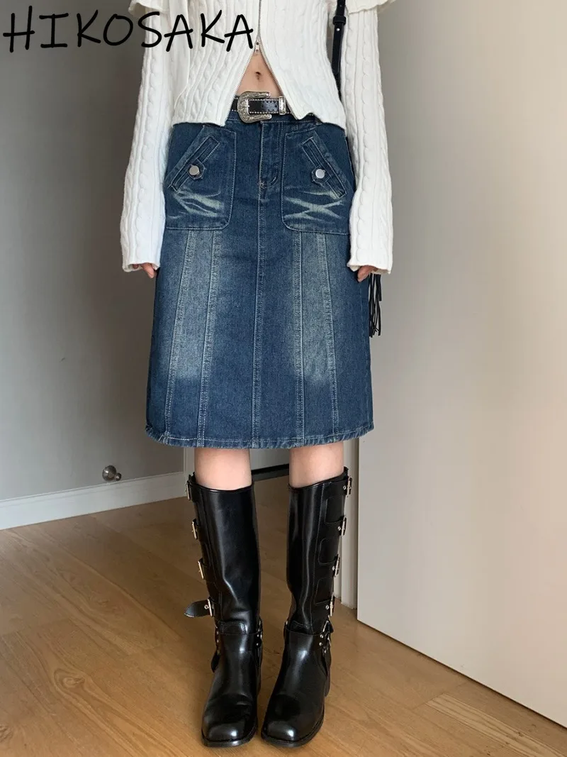 

Korean Streetwear Vintage Bleached Washed Denim Skirts High Waist A-line Patchwork Jupe 2024 New Autumn Fashion Casual Y2k Falda