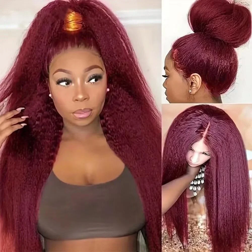Pelucas frontales de encaje Borgoña liso rizado 13 × 4 cabello humano transparente prearrancado Color rojo 220 densidad peluca Frontal de encaje para mujeres 99J