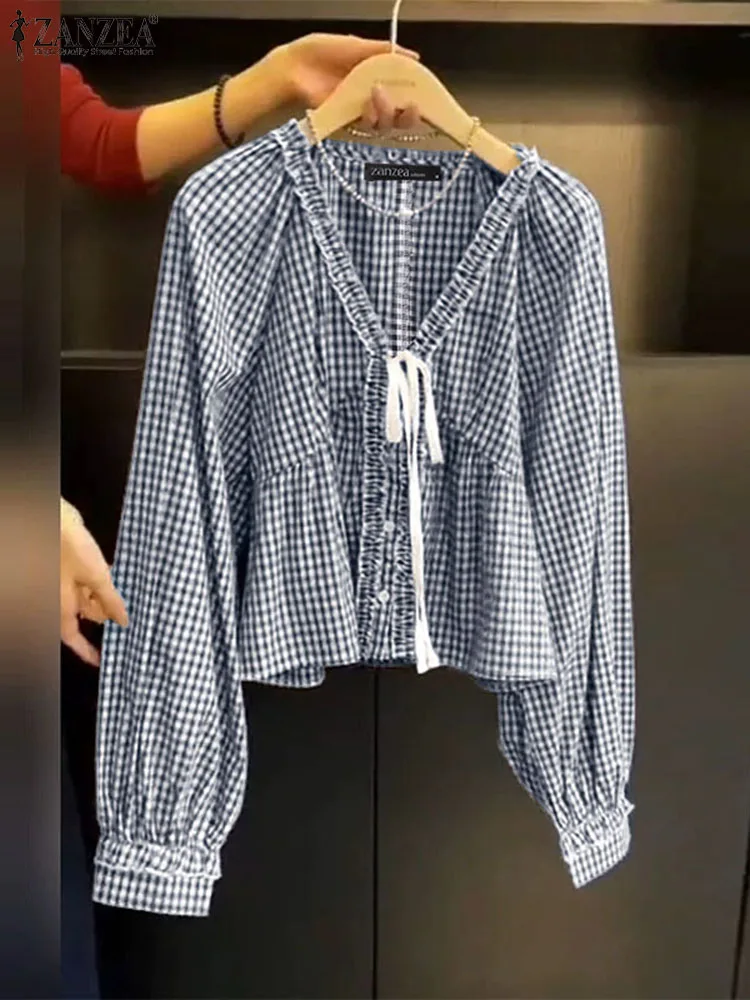 ZANZEA-camisas informales de otoño para mujer, camisas elegantes con volantes y cuello en V, Tops abotonados de manga larga, ropa de mujer S-3XL en 3 colores