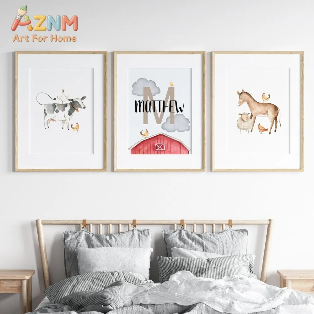 AZNM Watercolor Farm Animal Canvas Wall Art Cow Donkey Sheep Barn Custom Name Frameless Canvas Painting Nursery Kids Room Home D