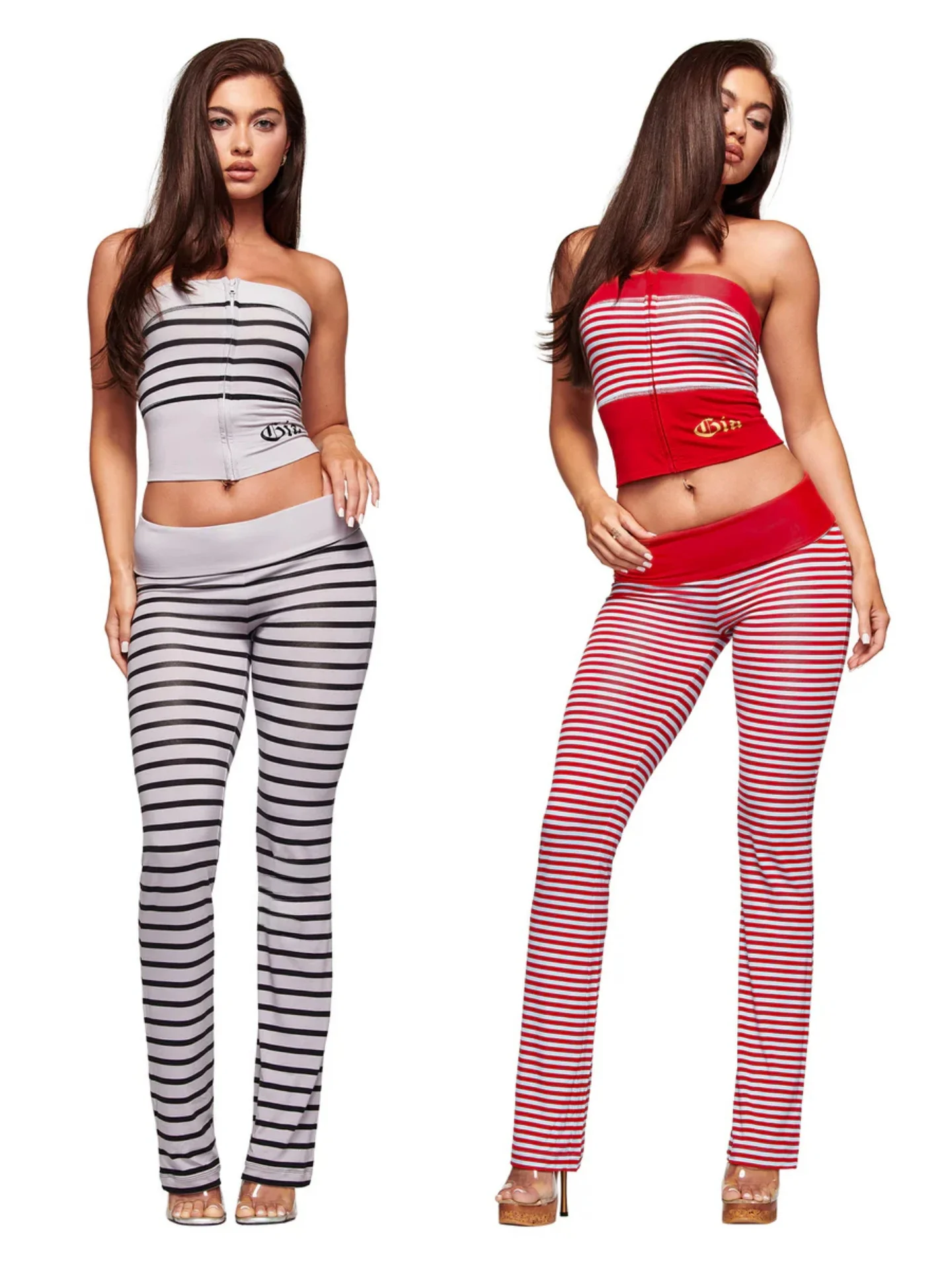 

Comfortable Striped Set High Elasticity Bare Sensation Casual Style Gia Hot Girl Tube Top High Waist Sports Pants Women's Fas...