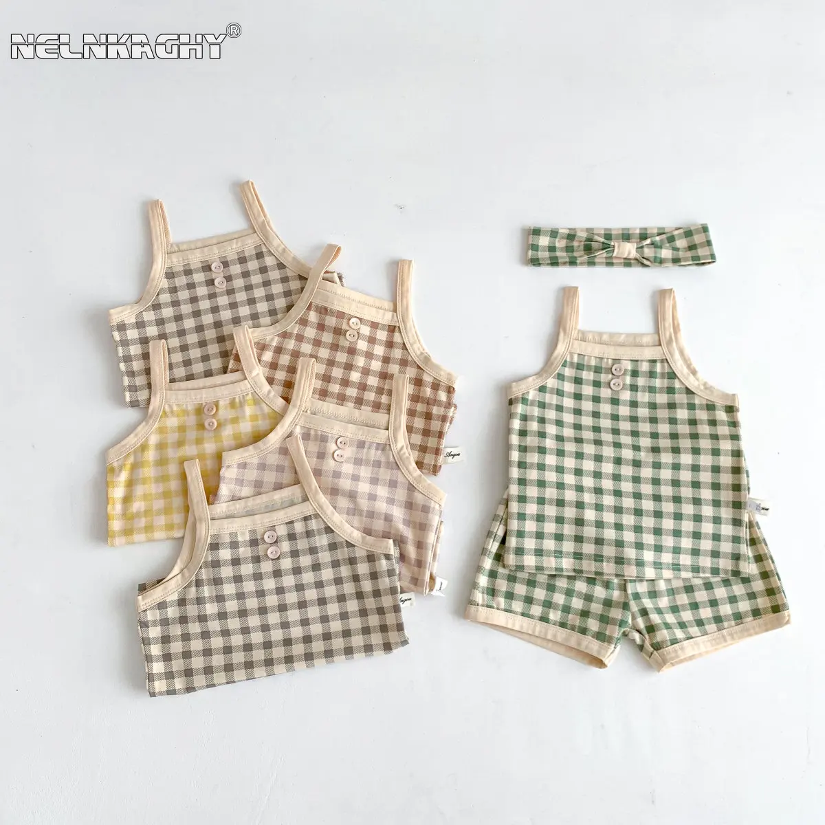 

2023 Summer New In Infant Baby Girls Boy Slsing Plaid Top Vest+shorts+headbands Toddler Newbron Kids 95% Cotton Clothing Set