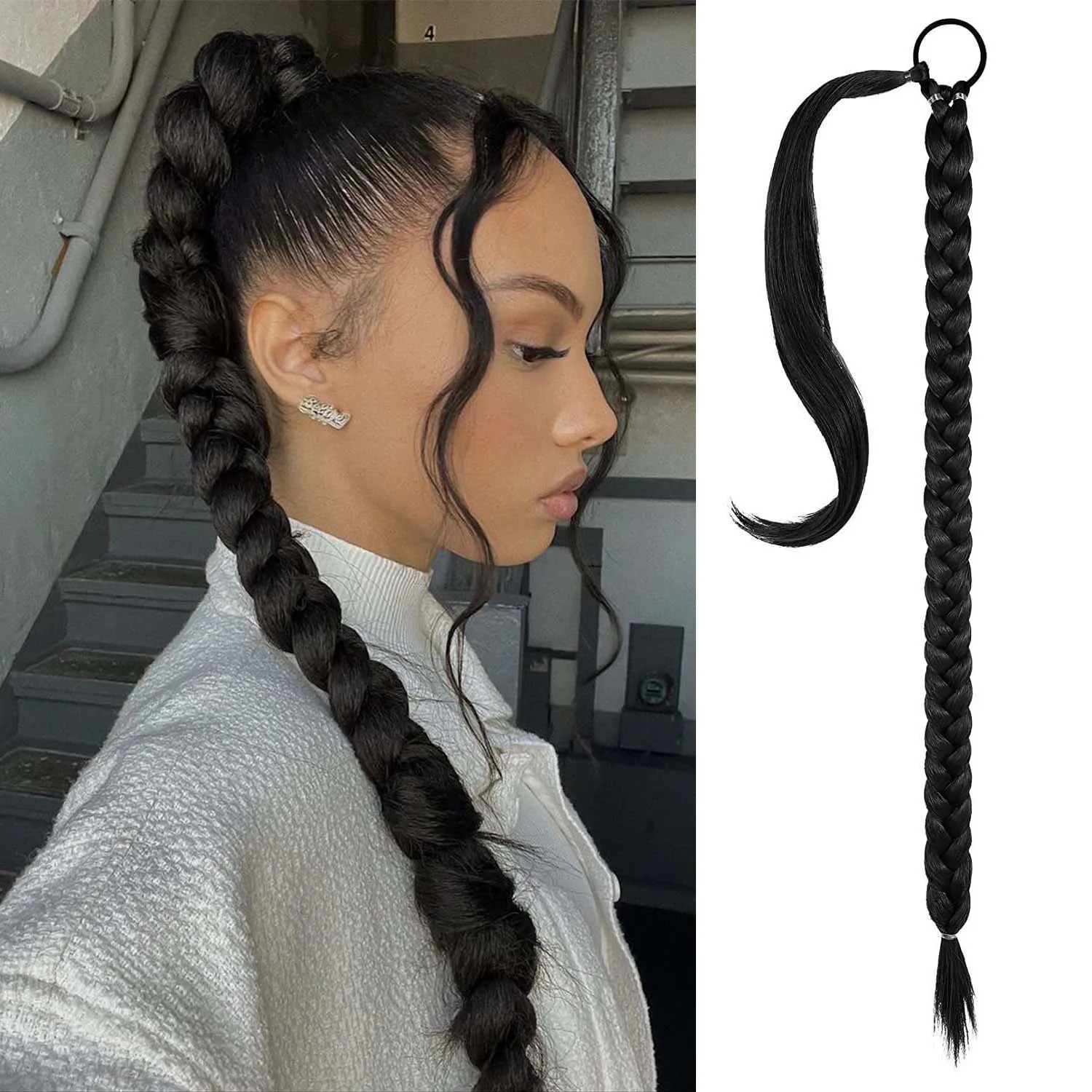 

Synthetic Braided Ponytail Extension, Braid Extensions Long Braided Ponytail Extension for Black Women With Hair Tie
