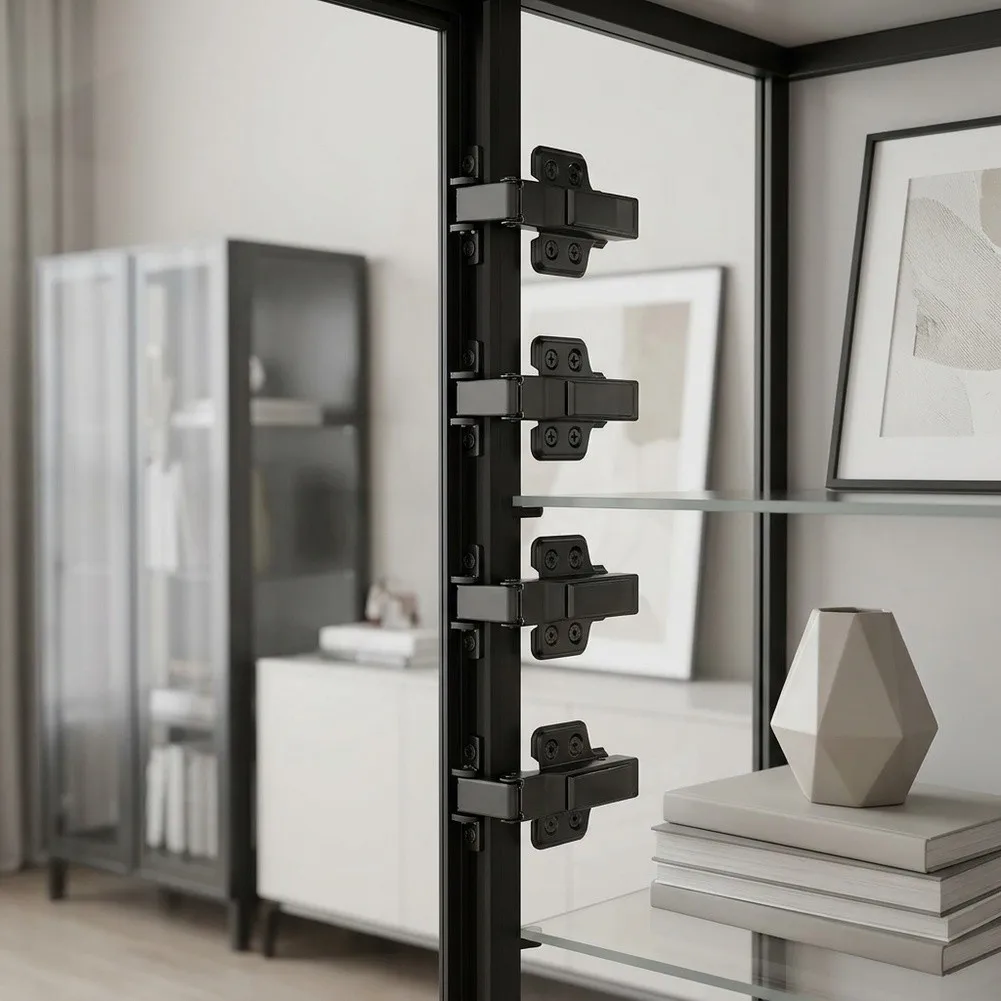 Aluminum Frame Hinge No Drill Glass Hinge Built In Damping Mechanism Smooth Silent Closing Robust Matte Black Finish