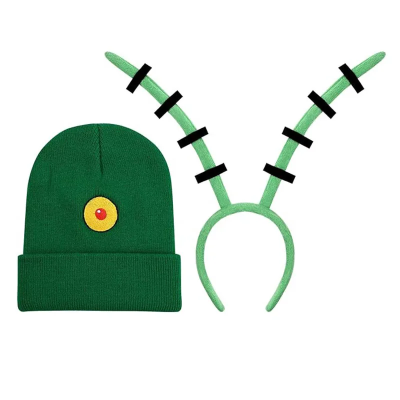 Men Women Big Eye Green Hat and Antenna Headband For Halloween Party Costume Ocean Sea Plankton Anime Cosplay Dress up Accessory