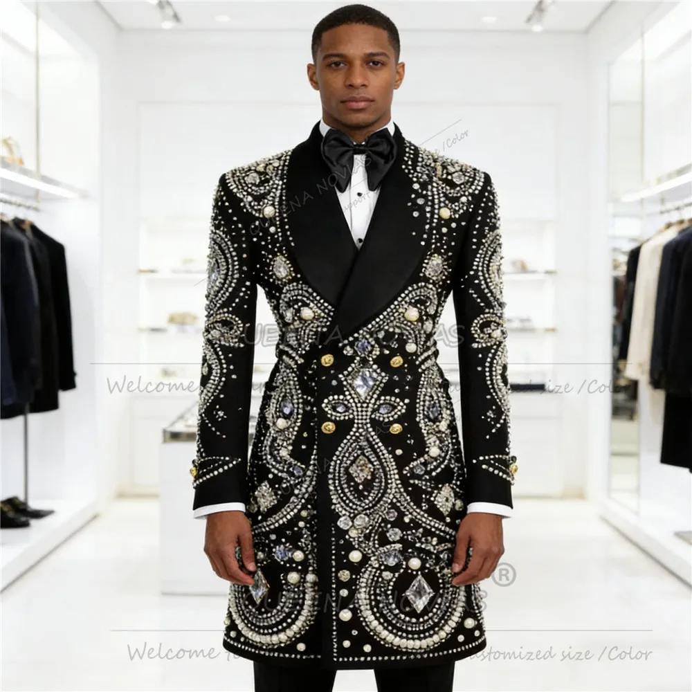 

Sparkling Diamond Beaded Suits Men Customized Pearls Prom Blazers Long Double Breasted Jacket Pants 2 Piece Groom Wedding Tuxedo
