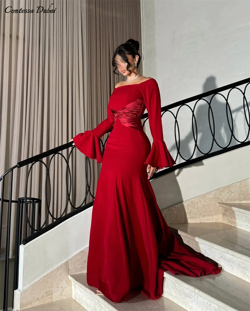 

Contessa Customized Off Shoulder bell sleeves Prom Dress hourglass Column robes de soirée Ruffles pleat Skirt Formal event dress