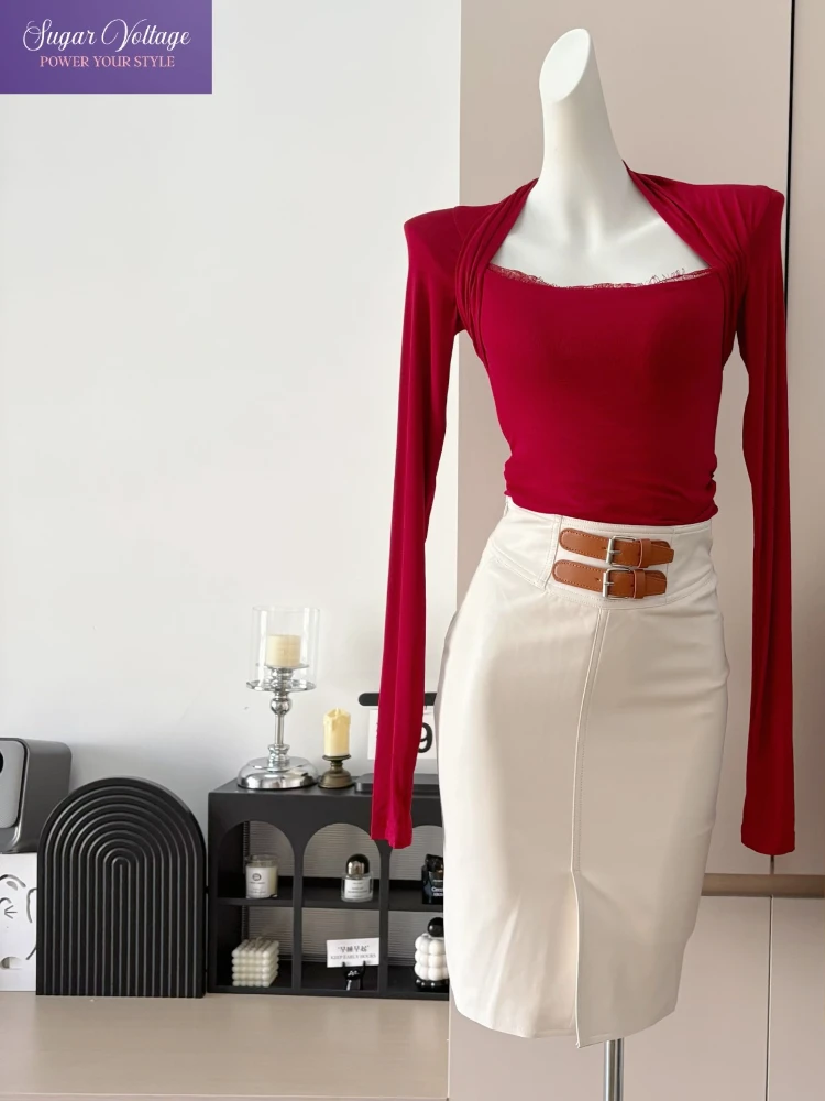 

The Swan Lace Knit Top Women 2025 Autumn Elegant Soft French Style Sweater Matching Lambskin High Waist Skirt Fashion Outfit