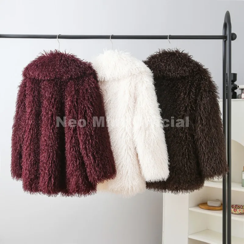 Neo Mint Winter 2025 Trend Burgundy Obsession Long Faux Mongolia Sheep Fur Jacket Coat Women Chic Lapel Collar Fluffy Overcoat