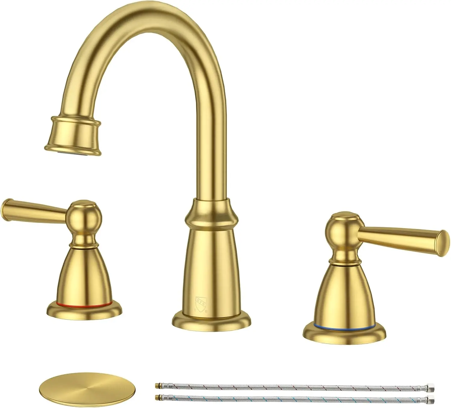 

Gold Widespread Bathroom Faucet with Drain, 8 Inch, 2 Handles, 360° Swivel, Lead-Free and Water-Saving