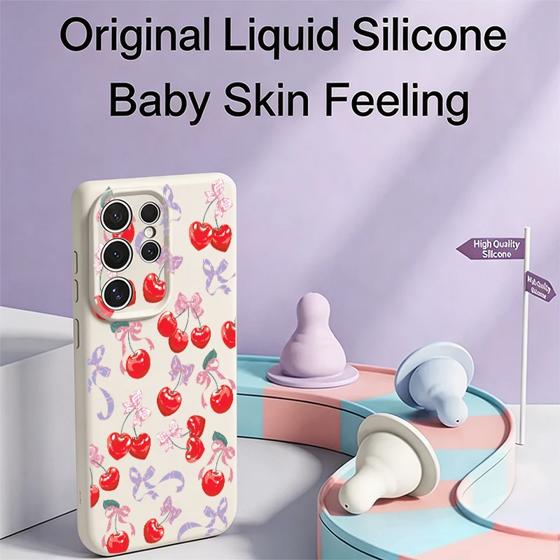Cherry Pattern Liquid Silicone Phone Case For Samsung Galaxy S26 S25 S24 S23 S22 Ultra Plus Magnetic For Magsafe Soft Back Cover view 3