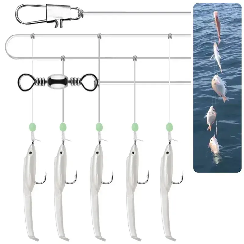 WEIHE 5pcs/set 1# Eel Soft Lure Sabiki Hook Ocean Fishing String Hook Artificial Pike Wobblers Swimbait Tackle image 5