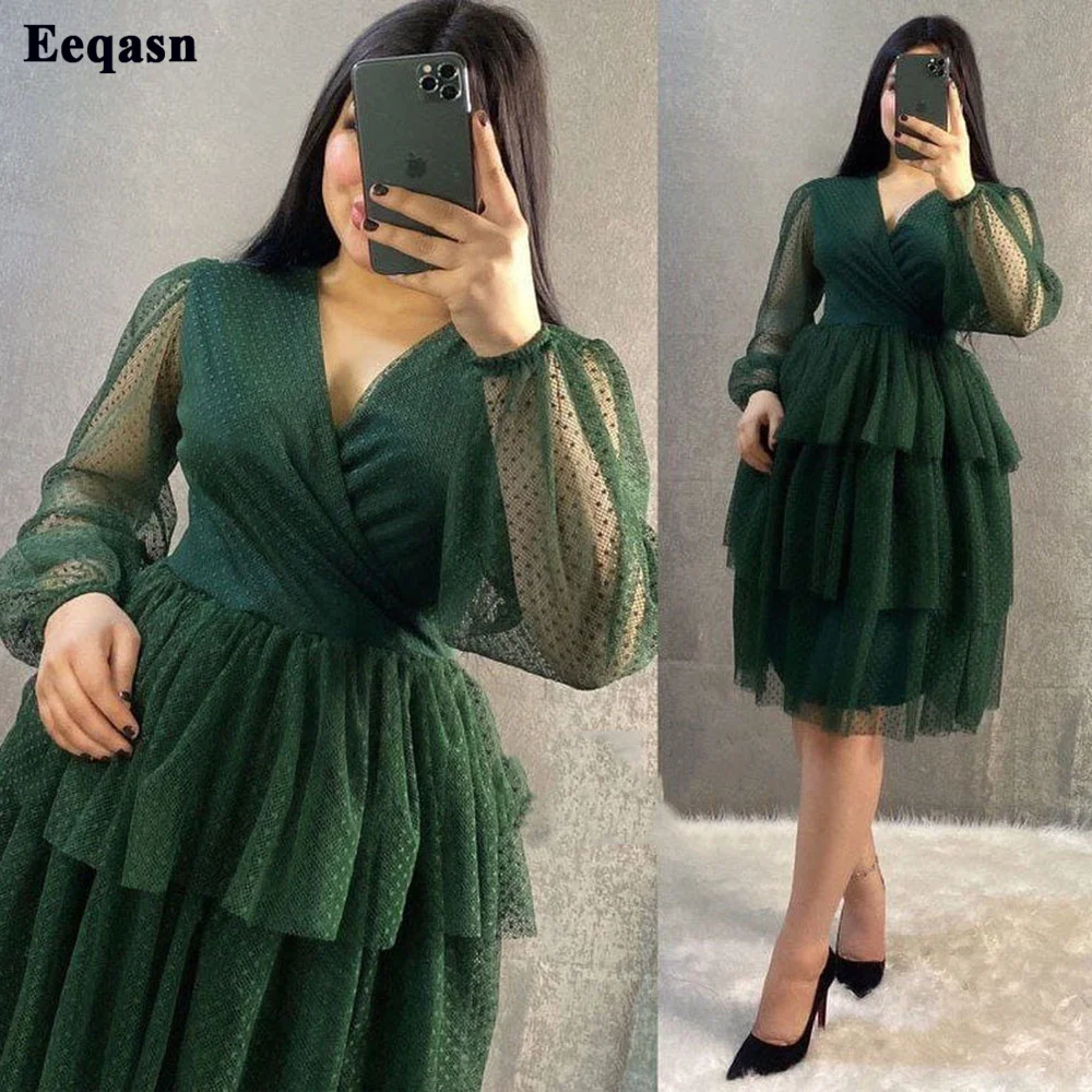 

Eeqasn Dark Green Dotted Tulle Short Prom Dresses Saudi Arabia Long Sleeves Prom Gowns Tiered Formal Women Wedding Party Dress