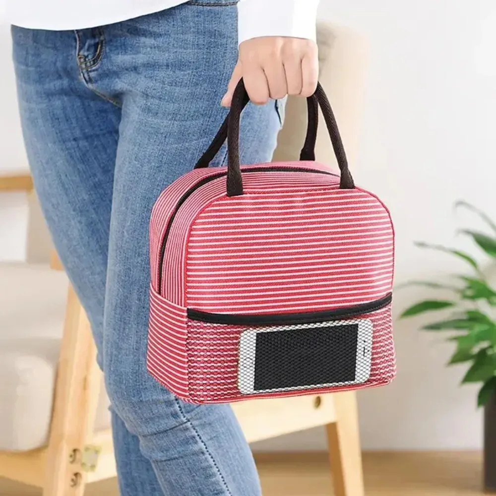 Multifunctional Aluminum Film Lining Striped Thermal Lunch Bag Zippered Large Capacity Picnic Bag Insulated Tote Bag Outddor