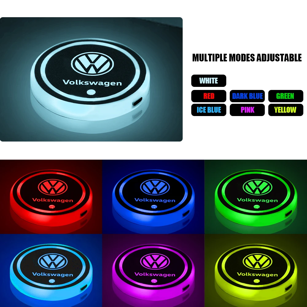 2PCS For Volkswagen GTI Golf 4 Passat Polo Bora Rline Car Luminous Water Coaster Ambience Light Anti-Slip Mat Car Accessories