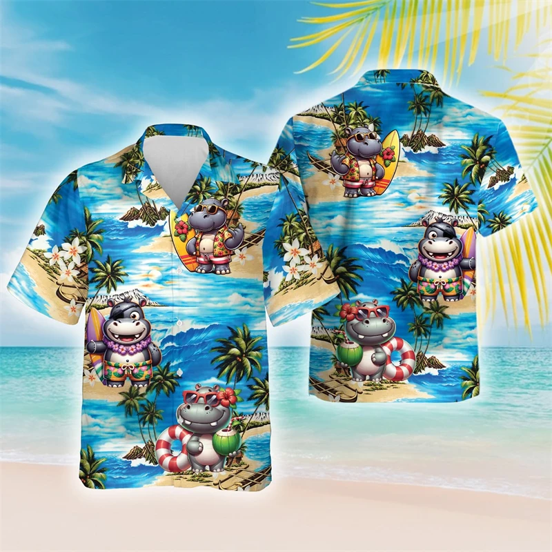 

3D Printed Funny Hippo Beach Shirts For Men Cute Animal Hip Hop Short Sleeve Surfing Shirt Blouses Hippopotamus Aloha Shirt Tops
