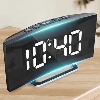 곡선 스크린 시계 디지털 LED 알람 시계, 온도 디스플레이, 대형 거울 시계, 스누즈 침대 옆 테이블 시계, 방 장식