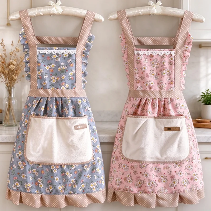 Kitchen Apron for Women with Pocket Adjustable Strap Cute Ruffle Apron Cooking Baking Cleaning Painting Housework Apron