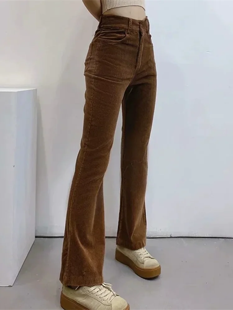 กางเกงขายาวทรงบูทคัทเอวสูงผ้าลูกฟูกสไตล์วินเทจสำหรับผู้หญิง กางเกงลำลองทรงขากว้างตรงสไตล์เกาหลีแฟชั่น