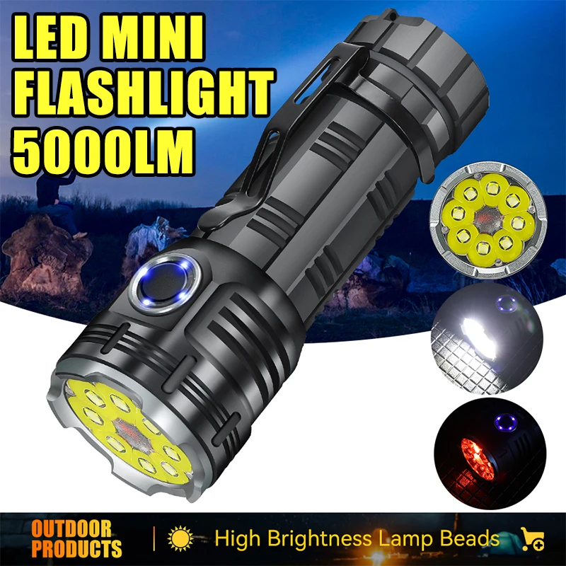 High Power LED Mini Flashlight 5000LM Rechargeable Aluminum Alloy Flashlight with Tail Magnetic Strong Camping Emergency Light