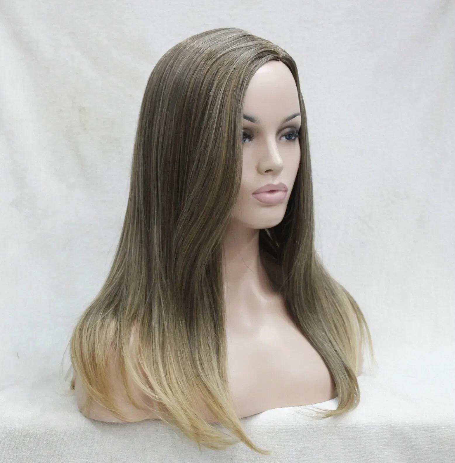 

Lolita Long brown mix golden blonde no bangs long straight side skin part top synthetic wig