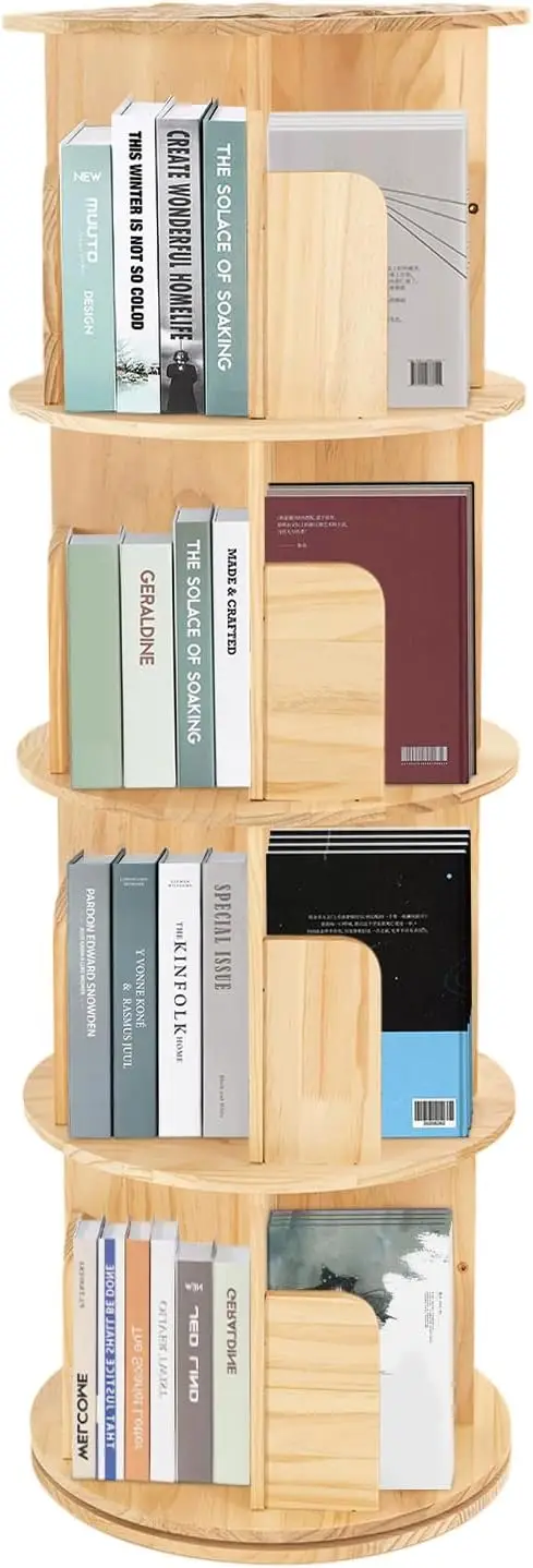 

4 Tier Rotating Bookshelf 360° Revolving Bookcase Rotating Stackable Shelves Floor Standing Storage Wood Bookshelf Organizer