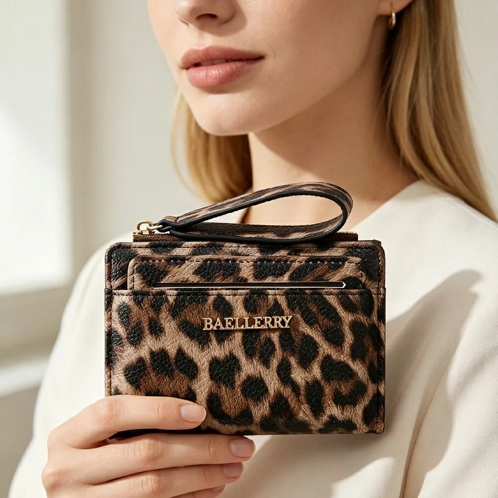 1pc-BAELLERRY leopard print women's short wallet, PU leather short wallet, includes detachable wrist strap, card holder with multiple card slots, ID window, and zippered coin pocket