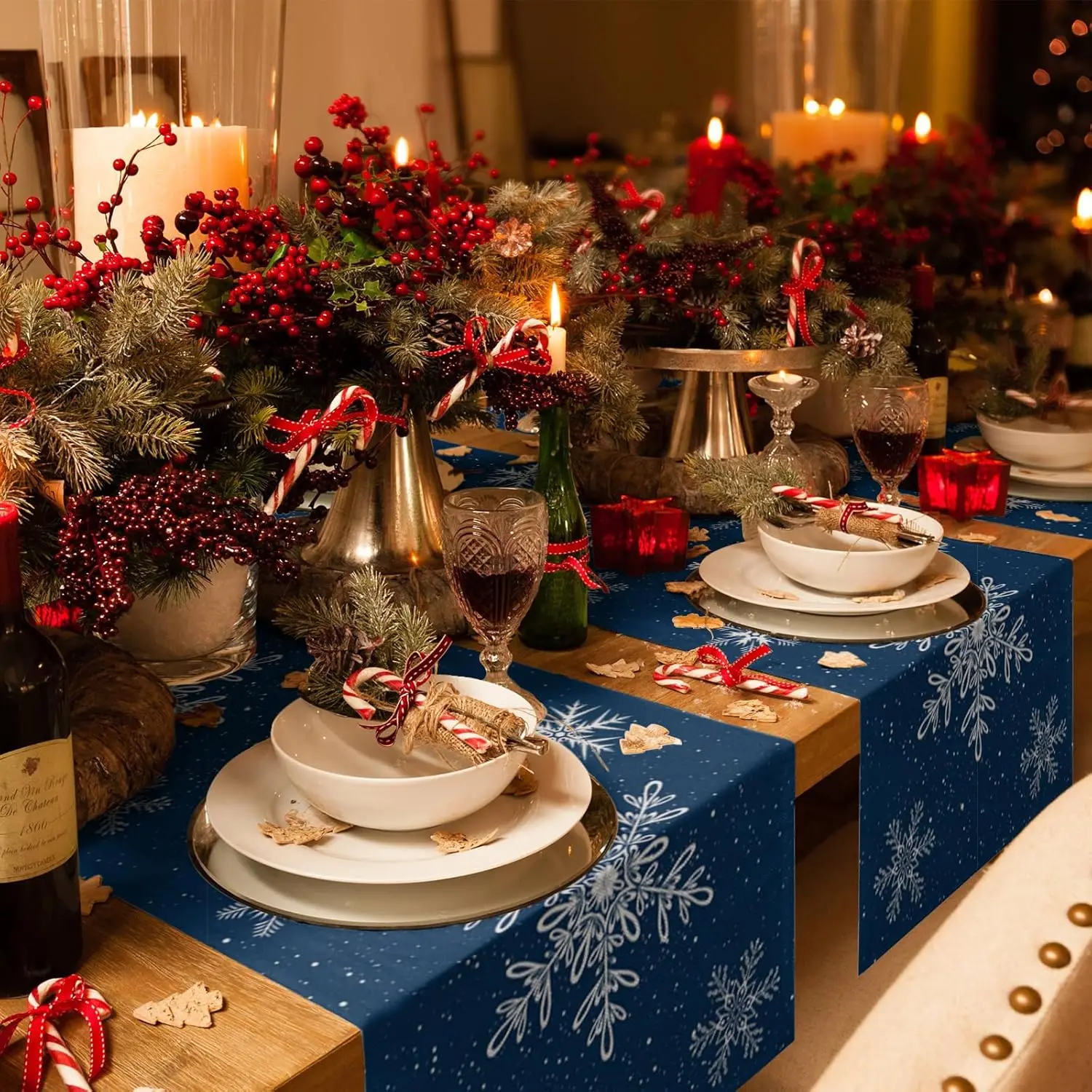 Runner da tavolo natalizi in lino con fiocco di neve blu navy, comò, sciarpa, decorazione, runner da tavolo da pranzo da cucina lavabili,