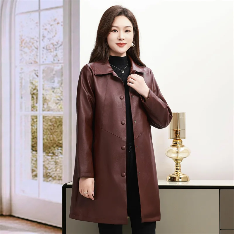 Winter Ladies Lapel Thin PU Leather Outwear Korean Women Fashion Patchwork Faux Leather Jacket Autumn Female Large Size 4XL Coat