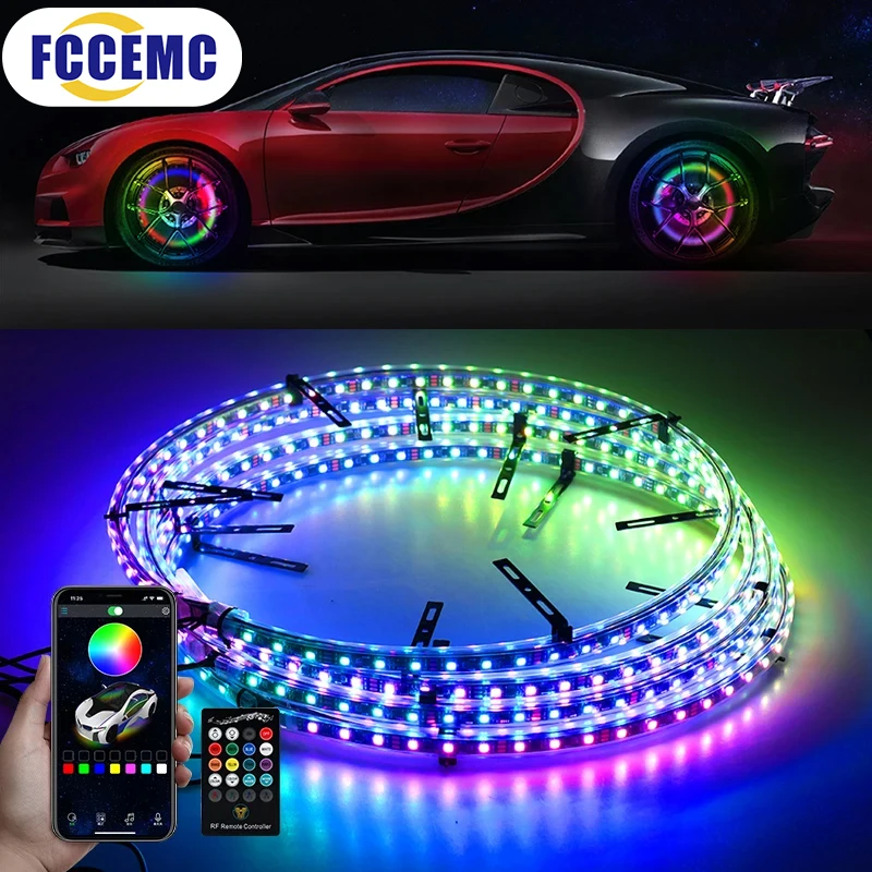 

Symphony LED Car Hub Lamp Double Sided APP Remote Sound Control Waterproof Neon Wheel Ring 12V Auto Decorative Atmosphere Light