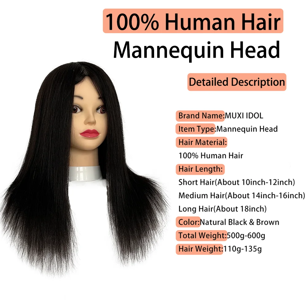 100% Human Hair Mannequin Head Professional Training Model for Hair Dye Bleach Hot Roll Styling Salon Practice
