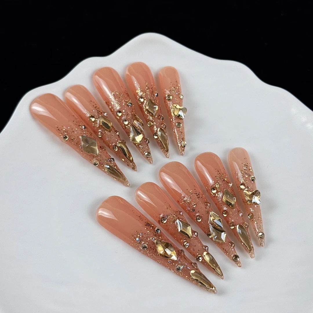 10pcs high-end Luxurious and elegant style, hand-painted three-dimensional square diamonds, dazzling sequins handmade fake nails