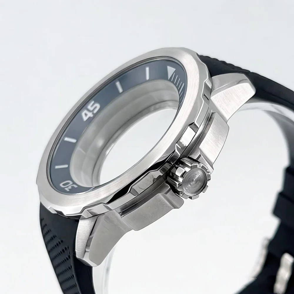 47mm Stainless Steel Case, NH35 Movement, Compatible with Black Rubber Strap, Silver Waterproof Case Accessories