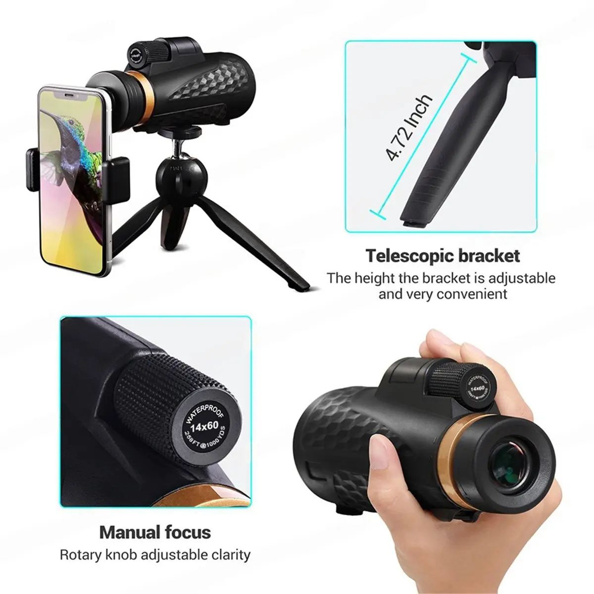 New Electronics 1 Set 14x60 Single Tube Telescope HD Portable Telescope for Outdoor Viewing and Concert Photography, with Holder