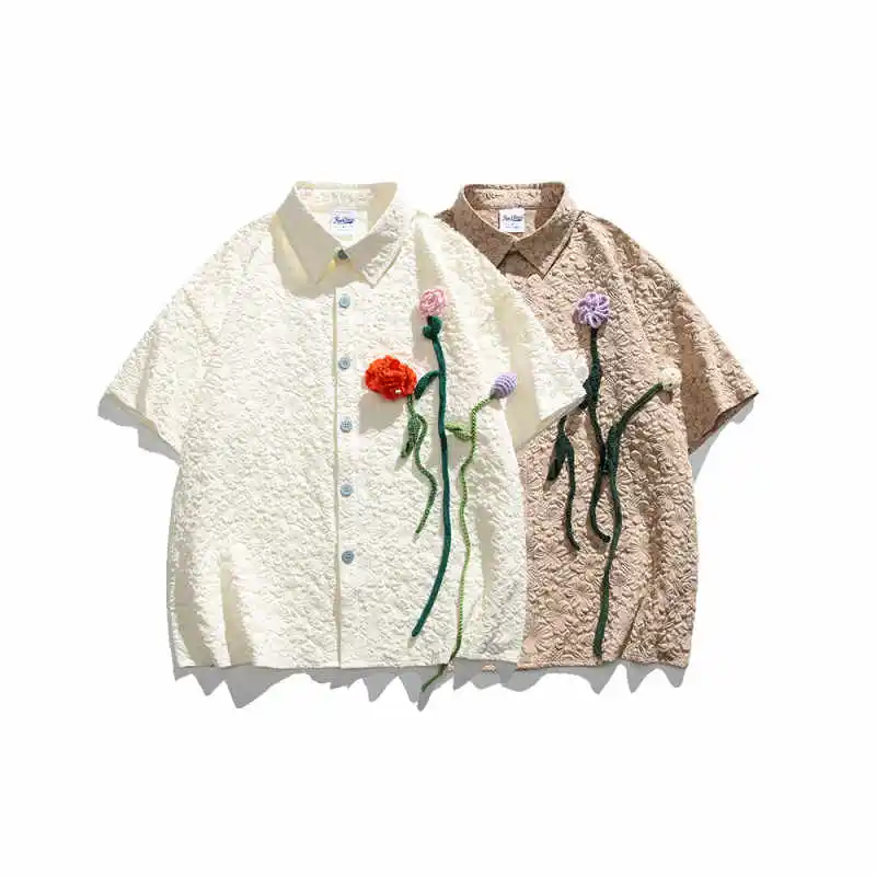 Retro Loose Japanese Print Cuban Collar Hawaiian Beach Short Sleeved Shirt Men's Flower Embroidered Couple Shirt