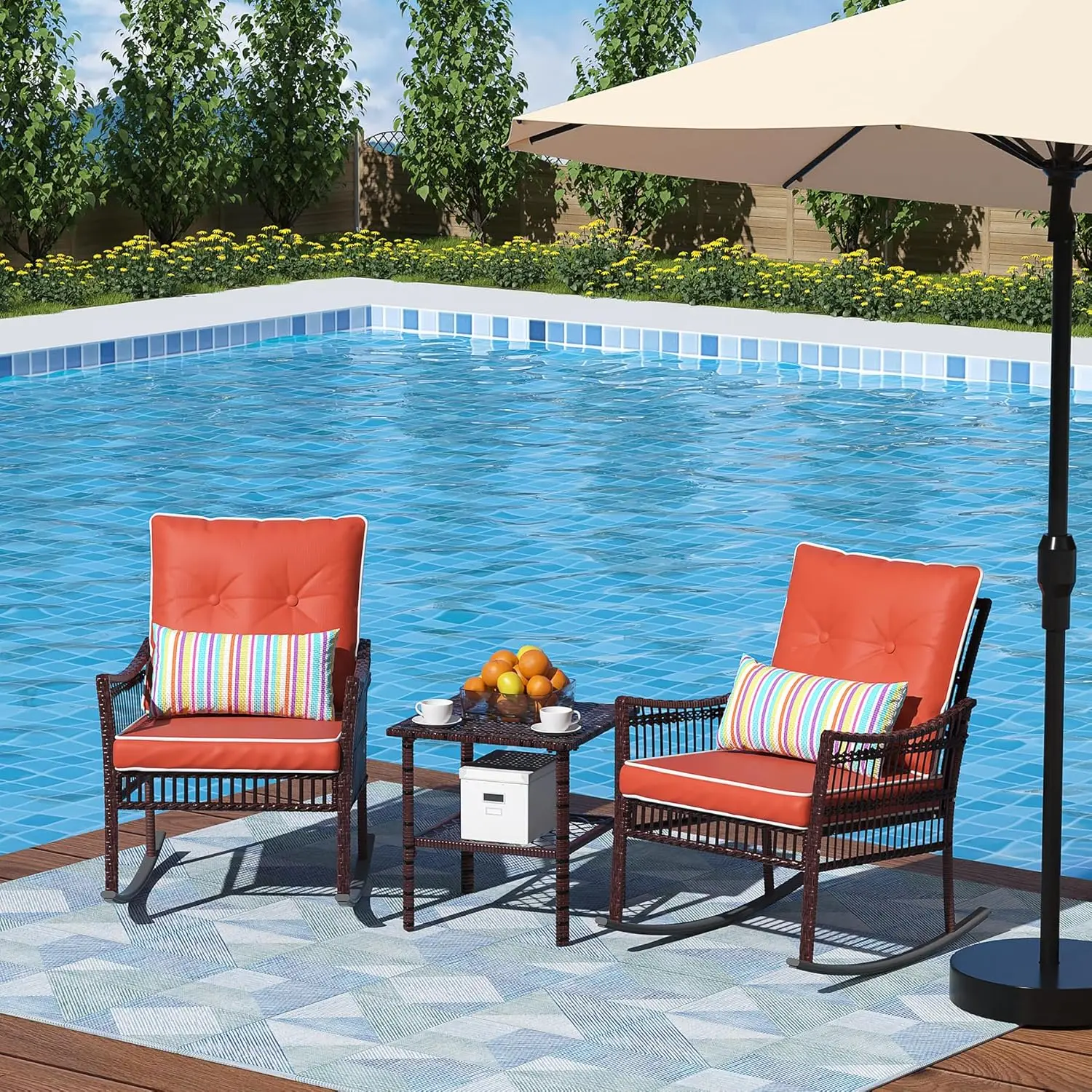 ชุดเฟอร์นิเจอร์หวายสำหรับระเบียง 3 ชิ้น เก้าอี้โยกกลางแจ้ง ชุดโต๊ะกาแฟและเก้าอี้โยกสำหรับระเบียงหน้าบ้าน