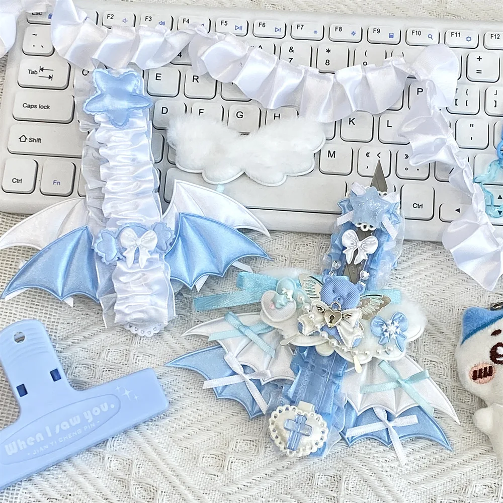 1Pc INS Cute Blue Devil Wings Lace Ribbon Bow Utility Knife Kawaii Subculture Girl Art Craft Cutter Envelope Express Box Opener