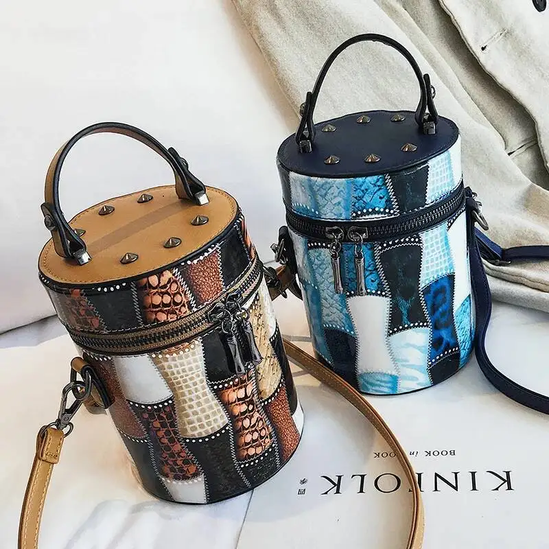 Bucket bag women\'s high quality PU leather chain shoulder bag designer rivets handbag women\'s mobile phone bag