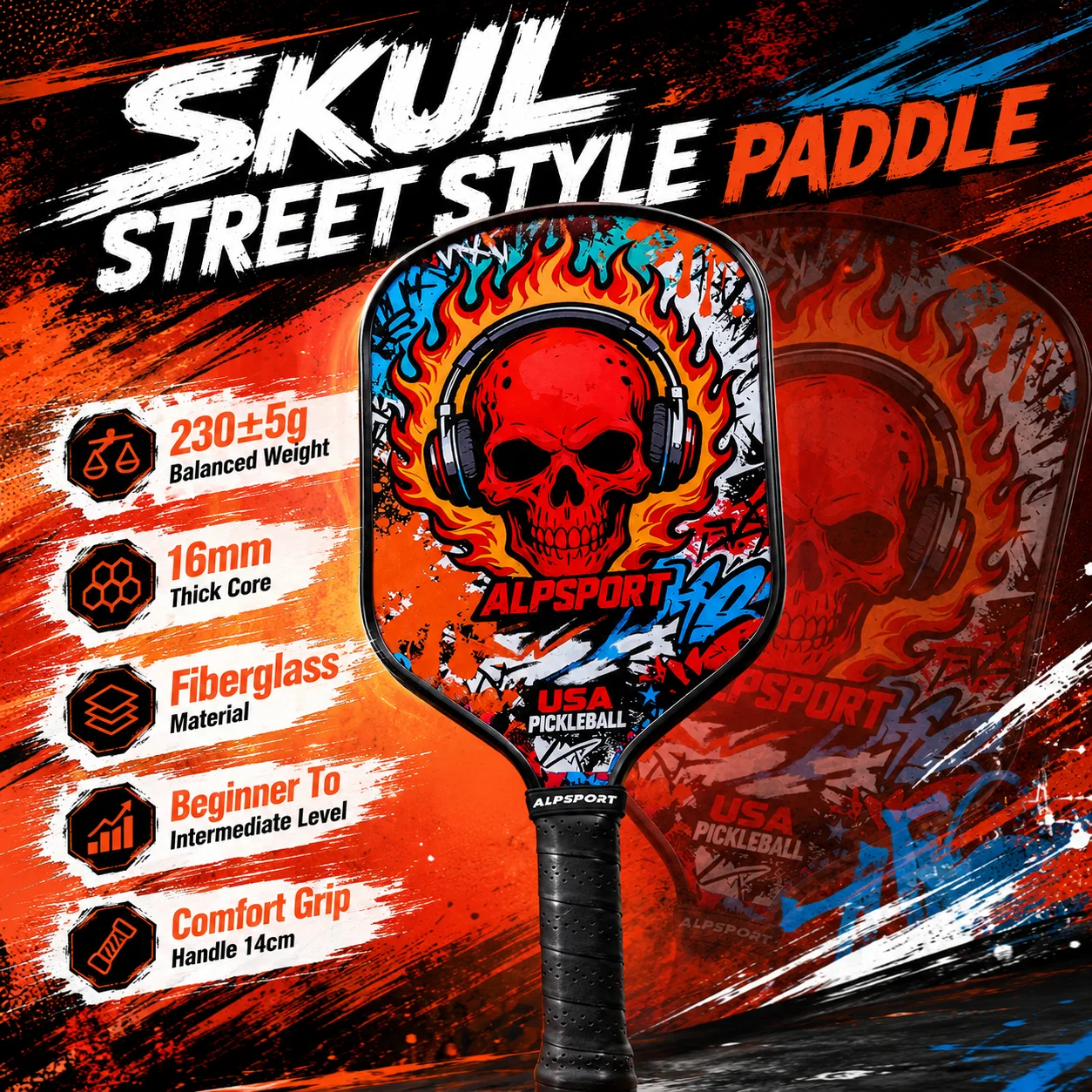 

ALP Skull Pickleball Paddle PP Honeycomb Core High Quality Halloween Style Outdoor Racket for Beginners Intermediate Players